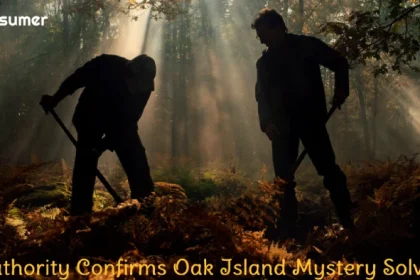 Image showing Oak Island’s rugged terrain with excavation equipment and a digital map overlay highlighting hidden underground passages.